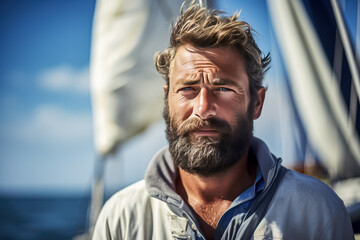 Portrait of a man with a beard on a sailing yacht. - obrazy, fototapety, plakaty