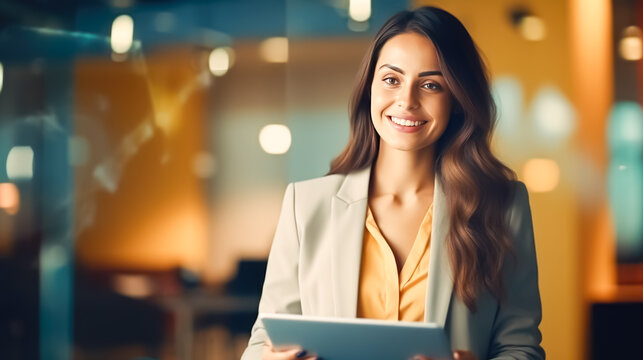 Portrait of young businesswoman using digital tablet in office. Business people concept.