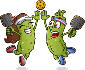 A cute pickle cartoon couple out on a date night to the pickleball courts leaping in the air and giving a big enthusiastic high five to celebrate a team victory on the court - 693642355