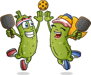 A cute pickle cartoon couple out on a date night to the pickleball courts leaping in the air and giving a big enthusiastic high five to celebrate a team victory on the court - 693642359