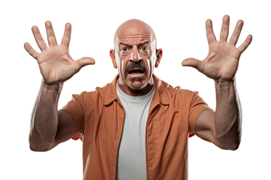 Older prisoner in orange clothes with hands up isolated on transparent background PNG, senior, hand, people, gesture, person, old, face, up, mature, smile, smiling, expression, success, business, b - Powered by Adobe