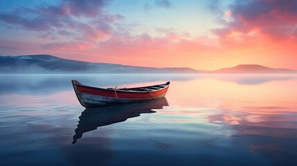 A lonely boat on quiet water in the morning - obrazy, fototapety, plakaty