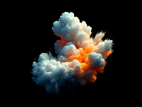 Esplosione di fumo bianco, grigio e arancione su sfondo nero