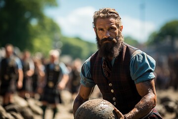 A bearded man in tartan lifts a stone in a traditional Scottish strength competition