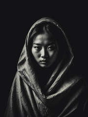 ritratto artistico di donna asiatica avvolta in un ampio mantello, toni scuri con luci e ombre pronunciate - obrazy, fototapety, plakaty