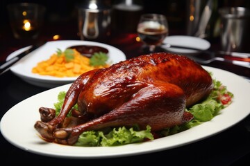 roasted duck at christmas dinner table