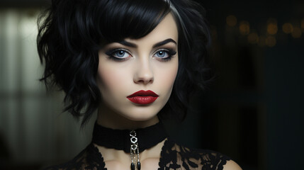 Goth girl with black lipstick and heavy eyeshadows wearing choker, AI Generated - obrazy, fototapety, plakaty