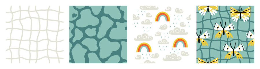 Set of seamless patterns on the theme of spring, swifts, rabbits, rainbows, butterflies, flowers. Vector illustration in flat style.