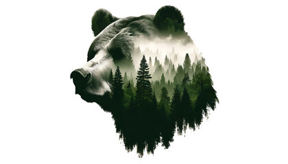 Double exposure abstract digital art combining a silhouette of a bear's face with a forest scene, isolated on a white background - obrazy, fototapety, plakaty
