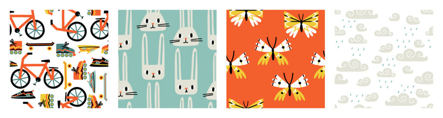 Set of seamless patterns on the theme of spring, swifts, rabbits, rainbows, butterflies, flowers. Vector illustration in flat style.