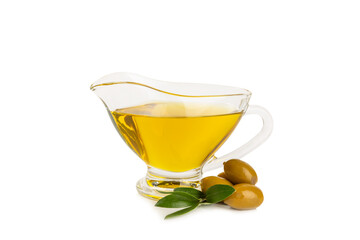 Fototapeta premium Bowl of fresh olive oil and olives with leaves isolated on white background. Delicious olive oil in a glass bowl. olive oil bottle.