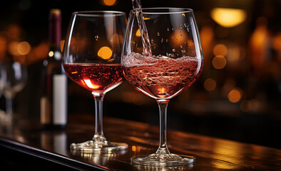 Obraz premium Wine Art: Fascinating Detail of Red Wine Poured into the Glass, Exploring the Magic of Flavors. The Charm of Red Wine, An Engaging Close-up That Reveals All Its Elegance.