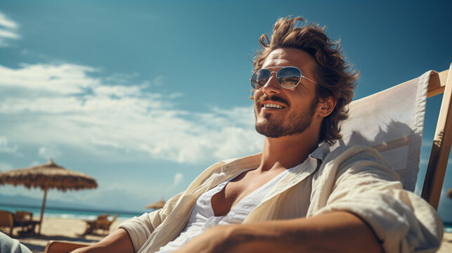 hombre apuesto con gafas y barba sentado en la playa y tomando el sol 