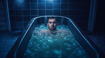 Young Man Doing A Cold Plunge.  (Generative AI).
