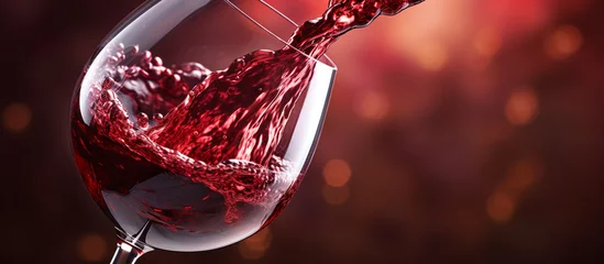 Fotobehang Wine Art: Fascinating Detail of Red Wine Poured into the Glass, Exploring the Magic of Flavors. The Charm of Red Wine, An Engaging Close-up That Reveals All Its Elegance. © oraziopuccio