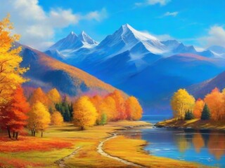 autumn landscape with lake and mountains