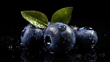 Fresh, ripe blueberries glistening with dew on a dark background. A mouthwatering macro shot with full depth of field. Generative AI.