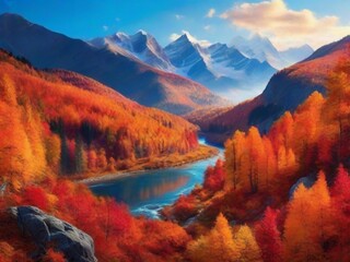 autumn landscape with mountains and lake