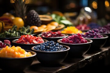 Acai in the local market, with piles of colored bowls and tropical fruits., generative IA