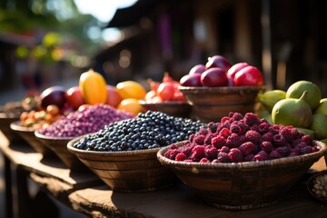 Local market with stacks of colored acai bowls and tropical aromas., generative IA