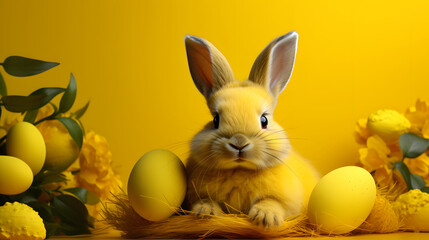 Adorable Yellow Easter Bunny with Eggs and Spring Flowers on Vibrant Yellow Background