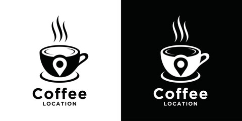 Vector logo for coffee shop location. Coffee search logotype. coffee cup and navigation sign