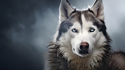 Intense Blue-Eyed Siberian Husky Portrait Against Stormy Sky - obrazy, fototapety, plakaty