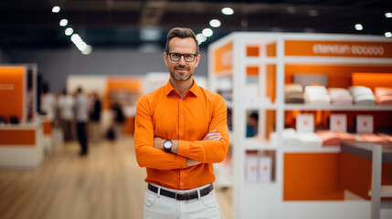 Mid adult promoter man with glasses, wearing an orange shirt in the middle of a stand in exhibition hall event trade
