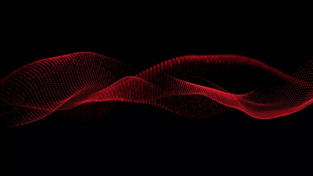 Abstract red color dots net particles flowing wave animated pattern halftone gradient curve shape isolated on black background