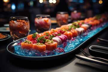 Open -style sushi dish in a modern, glass wall sushi bar., generative IA