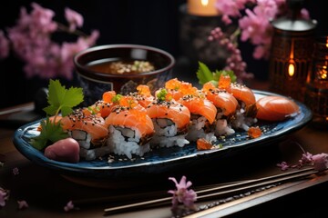 Bright bright march sushi served in a handcrafted piece of ceramic in a luxurious environment., generative IA