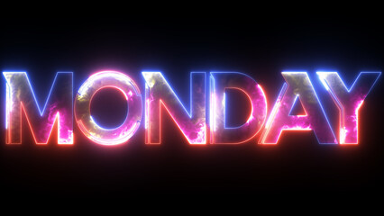 Glowing colorful light neon text day of Monday. Abstract glowing Monday text neon light effect background animation. 3d illustration rendering