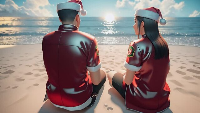 Christmas couple in love wearing santa hats relaxing on a white sandy beach, in the sun in a tropical travel destination during winter holidays. Rear view of young people