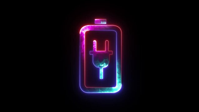 Glowing blue and purple neon battery icon. Neon charge battery sign with electric plug. Digital lithium-ion rechargeable battery symbol