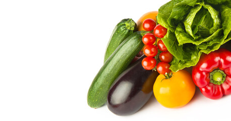 Set of vegetables and fruits isolated on white . Free space for text. Wide photo.