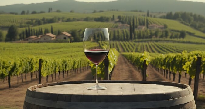 A glass of wine stands on a barrel against the backdrop of vineyards. Red wine next to a bunch of green grapes. To display a product with copy space.