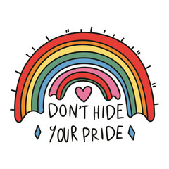 Obraz premium LGBTQ Pride Rainbow Flag Sticker with quote Dont hide your pride. LGBTQ Community Design. Stock Vector sexual identity pride flag