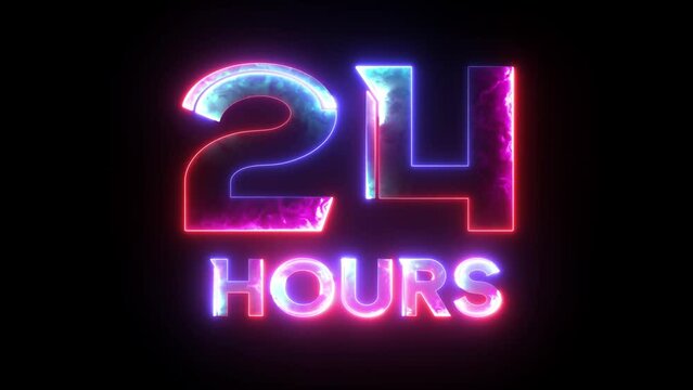 Neon text 24 hours, lettering. Glowing blue and purple neon word 24 hours. Glowing alphabet with letters