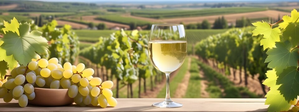 A glass of wine stands on the table against the backdrop of vineyards. White wine next to a bunch of green grapes. To showcase a product with copy space.