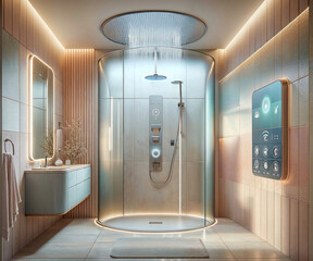 Stylish and serene bathroom equipped with a state-of-the-art digital shower system and elegant minimalist design - obrazy, fototapety, plakaty