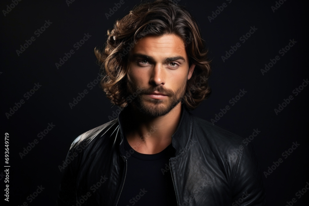 Wall mural Handsome bearded man with dark long hair on black studio background, portrait of guy wearing leather jacket. Concept of style, fashion, beauty model face, young male, stylish hairstyle