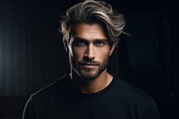 Young handsome man with short colored hair on dark studio background, portrait of bearded guy wearing black jumper. Concept of style, fashion, beauty model, male, stylish hairstyle - obrazy, fototapety, plakaty