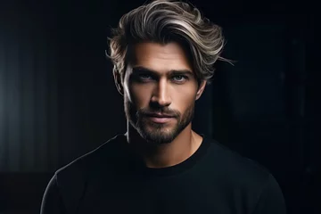 Fotobehang Young handsome man with short colored hair on dark studio background, portrait of bearded guy wearing black jumper. Concept of style, fashion, beauty model, male, stylish hairstyle © scaliger