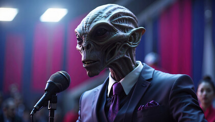 An alien politician gives a speech. - obrazy, fototapety, plakaty