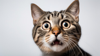 Close-up portrait of a cute tabby cat on white background