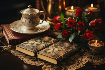 Naklejka na ściany i meble Romantic vintage books, teacup, and roses set a mood of nostalgia and warmth