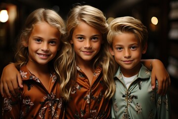 Fototapeta premium Three siblings in harmonious attire beam with radiant smiles in a warm setting