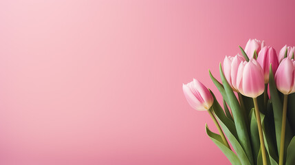 Spring bouquet of pink tulips on an isolated pink background with copyspace, pastel colors.