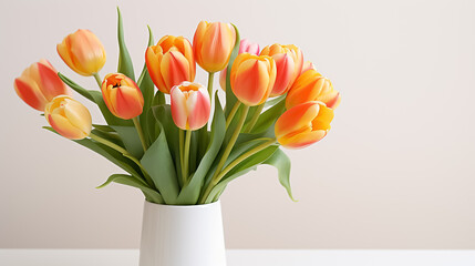 Spring bouquet of yellow tulips on an isolated white background with copyspace, pastel colors.