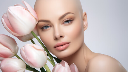 Beautiful young woman with bald head after chemotherapy on isolated white background with white spring tulips, World Cancer Day.